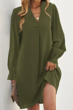 Outlet Dear-Lover Split V Neck Ruffled Sleeves Shirt Dress Green