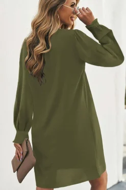 Outlet Dear-Lover Split V Neck Ruffled Sleeves Shirt Dress Green