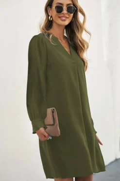 Outlet Dear-Lover Split V Neck Ruffled Sleeves Shirt Dress Green