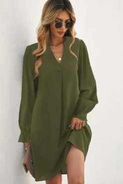 Outlet Dear-Lover Split V Neck Ruffled Sleeves Shirt Dress Green