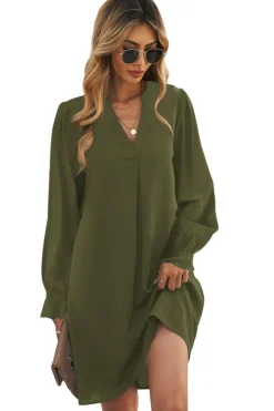 Outlet Dear-Lover Split V Neck Ruffled Sleeves Shirt Dress Green