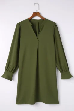 Outlet Dear-Lover Split V Neck Ruffled Sleeves Shirt Dress Green