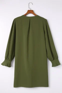 Outlet Dear-Lover Split V Neck Ruffled Sleeves Shirt Dress Green