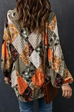 Clearance Dear-Lover Square Neck Mixed Print Blouse Green