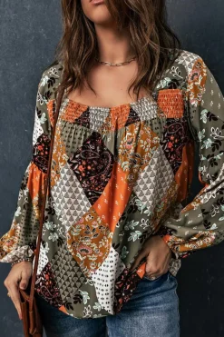 Clearance Dear-Lover Square Neck Mixed Print Blouse Green