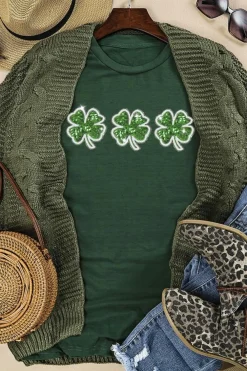Online Dear-Lover St Patrick Clover Patch Sequin Graphic T-shirt Green