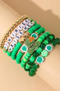 Fashion Dear-Lover St Patricks Shamrock Letter Beaded Multi Layer Bracelet Set Green