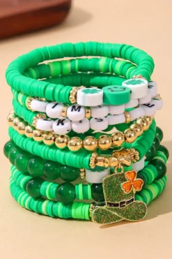 Fashion Dear-Lover St Patricks Shamrock Letter Beaded Multi Layer Bracelet Set Green