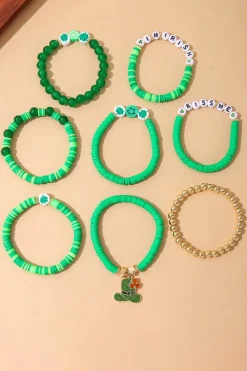 Fashion Dear-Lover St Patricks Shamrock Letter Beaded Multi Layer Bracelet Set Green