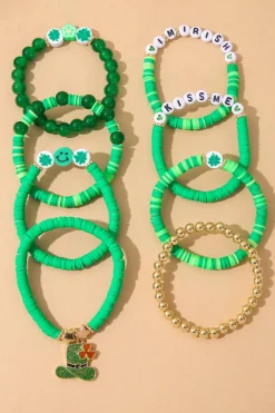 Fashion Dear-Lover St Patricks Shamrock Letter Beaded Multi Layer Bracelet Set Green