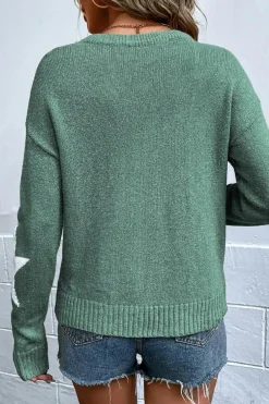 Fashion Dear-Lover Star Pattern Drop Shoulder Sweater Green