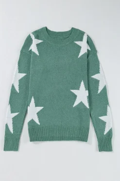 Fashion Dear-Lover Star Pattern Drop Shoulder Sweater Green