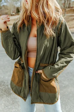 Sale Dear-Lover Stitching Quilted Drawstring Jacket Green
