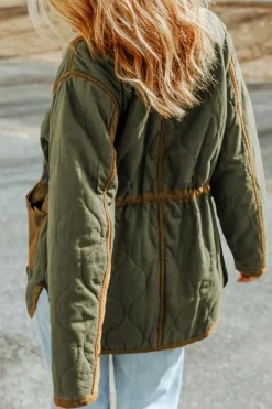 Sale Dear-Lover Stitching Quilted Drawstring Jacket Green