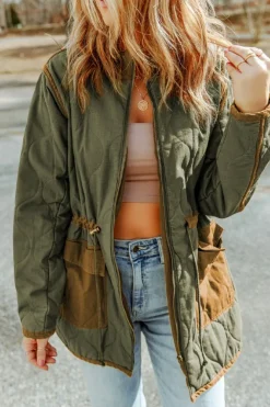 Sale Dear-Lover Stitching Quilted Drawstring Jacket Green