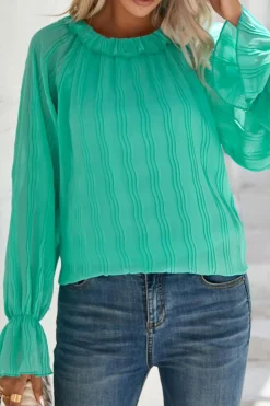 Fashion Dear-Lover Striking Pleated Flared Cuff Long Sleeve Blouse Green