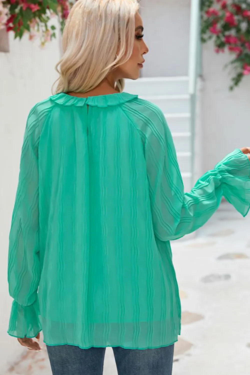 Fashion Dear-Lover Striking Pleated Flared Cuff Long Sleeve Blouse Green