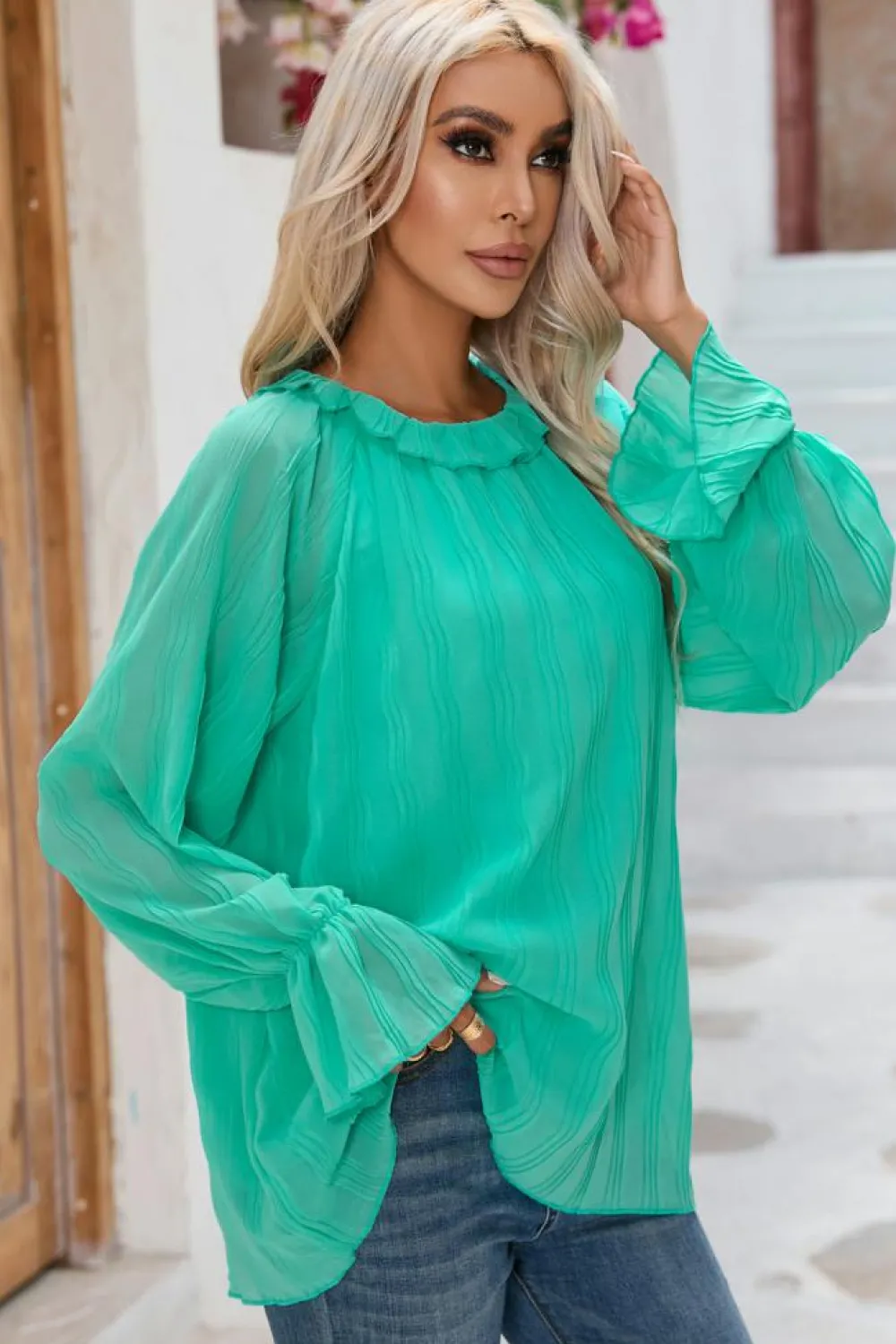 Fashion Dear-Lover Striking Pleated Flared Cuff Long Sleeve Blouse Green