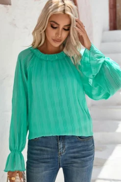Fashion Dear-Lover Striking Pleated Flared Cuff Long Sleeve Blouse Green