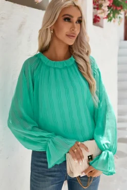 Fashion Dear-Lover Striking Pleated Flared Cuff Long Sleeve Blouse Green