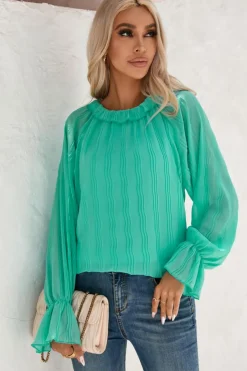 Fashion Dear-Lover Striking Pleated Flared Cuff Long Sleeve Blouse Green