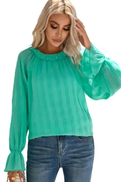 Fashion Dear-Lover Striking Pleated Flared Cuff Long Sleeve Blouse Green
