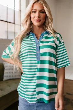 Sale Dear-Lover Colorblock Collar Half Buttons T Shirt Green Stripe
