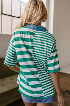 Sale Dear-Lover Colorblock Collar Half Buttons T Shirt Green Stripe