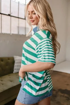 Sale Dear-Lover Colorblock Collar Half Buttons T Shirt Green Stripe