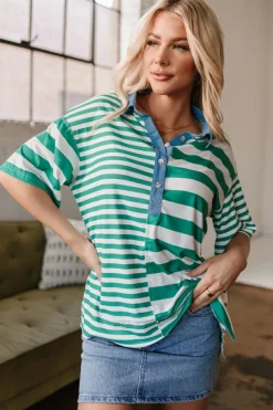 Sale Dear-Lover Colorblock Collar Half Buttons T Shirt Green Stripe