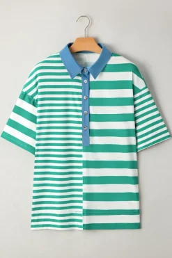 Sale Dear-Lover Colorblock Collar Half Buttons T Shirt Green Stripe