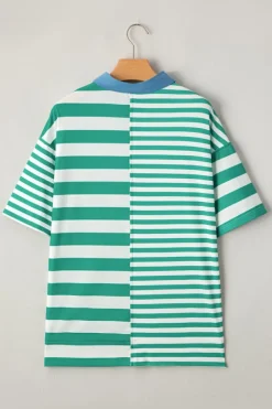Sale Dear-Lover Colorblock Collar Half Buttons T Shirt Green Stripe