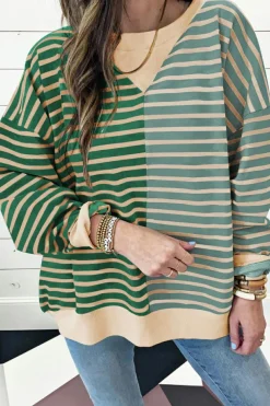 Clearance Dear-Lover Colorblock Drop Shoulder Oversize Sweatshirt Green Stripe