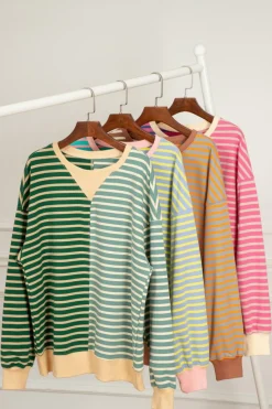 Clearance Dear-Lover Colorblock Drop Shoulder Oversize Sweatshirt Green Stripe