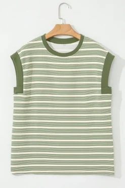 Clearance Dear-Lover Contrast Edge Short Batwing Sleeve T Shirt Green Stripe