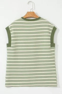 Clearance Dear-Lover Contrast Edge Short Batwing Sleeve T Shirt Green Stripe