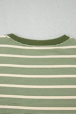 Clearance Dear-Lover Contrast Edge Short Batwing Sleeve T Shirt Green Stripe