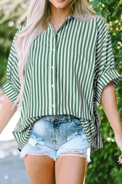 Sale Dear-Lover Dolman Sleeve Oversize Shirt Green Stripe