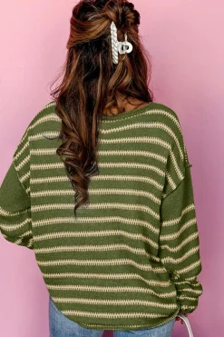 Discount Dear-Lover Drop Shoulder Casual Sweater Green Stripe