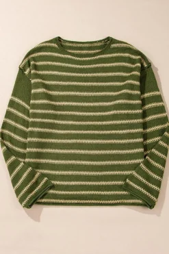 Discount Dear-Lover Drop Shoulder Casual Sweater Green Stripe