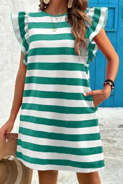 Hot Dear-Lover Flutter Sleeve Round Neck Shift Dress Green Stripe
