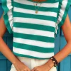 Clearance Dear-Lover Flutter Sleeve Round Neck T Shirt Green Stripe