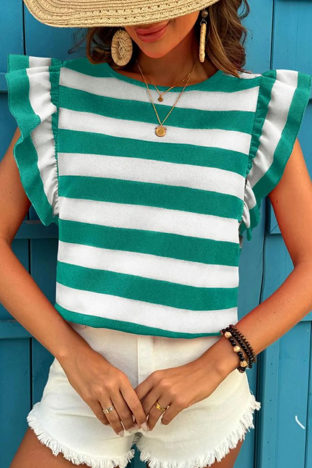 Clearance Dear-Lover Flutter Sleeve Round Neck T Shirt Green Stripe