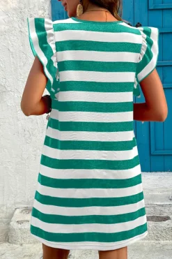 Hot Dear-Lover Flutter Sleeve Round Neck Shift Dress Green Stripe