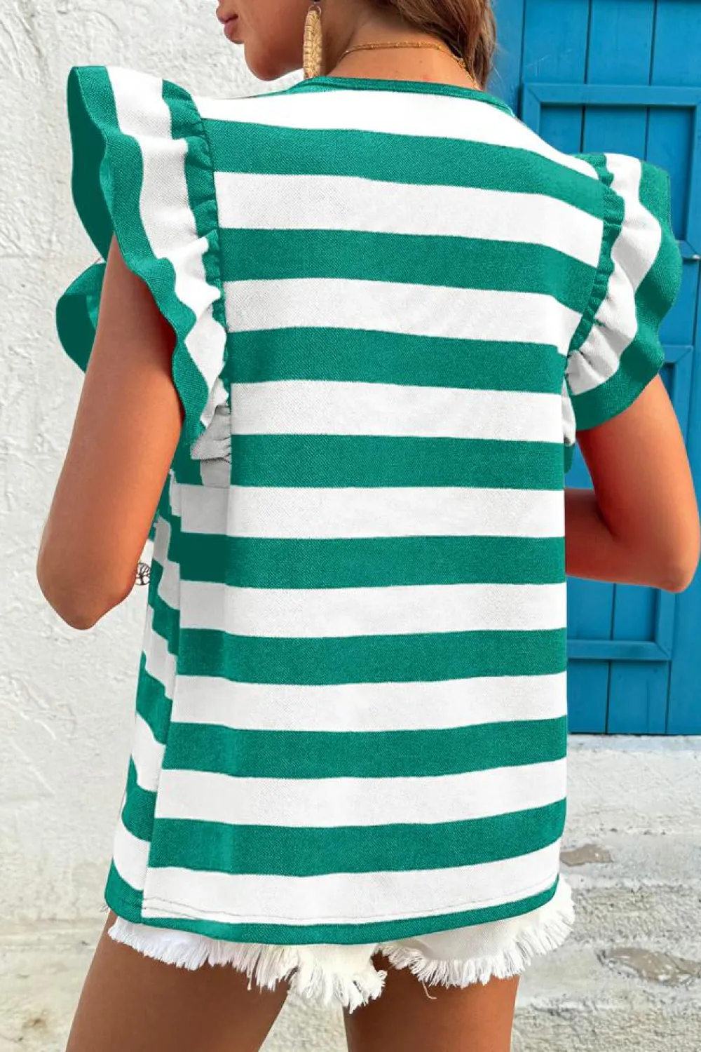Clearance Dear-Lover Flutter Sleeve Round Neck T Shirt Green Stripe