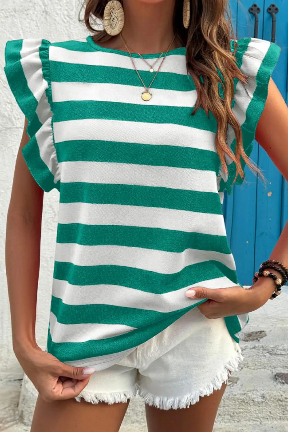 Clearance Dear-Lover Flutter Sleeve Round Neck T Shirt Green Stripe