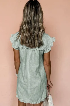 Fashion Dear-Lover Frilled Sleeveless Collar Front Pocket Button Up Mini Dress Green Stripe
