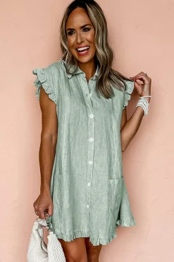 Fashion Dear-Lover Frilled Sleeveless Collar Front Pocket Button Up Mini Dress Green Stripe