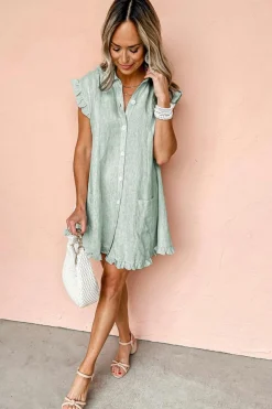 Fashion Dear-Lover Frilled Sleeveless Collar Front Pocket Button Up Mini Dress Green Stripe