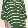 Outlet Dear-Lover Henley Buttoned Placket Drop Shoulder Bracelet Sleeve Knit Sweater Tee Green Stripe